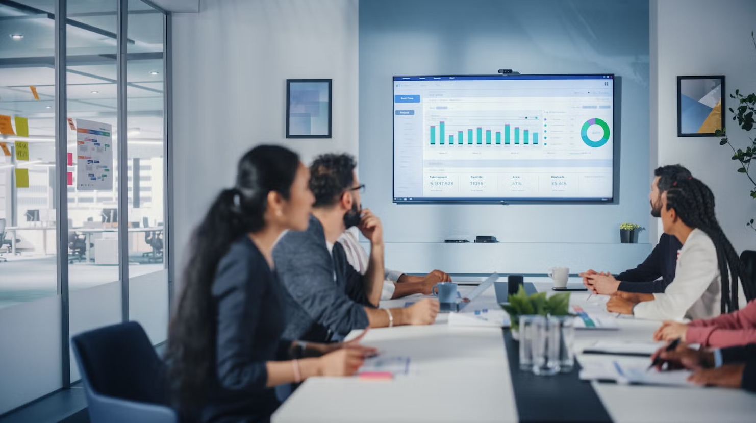 Team reviewing CRM automation and integration results on a big screen